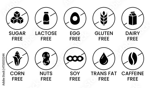 Set allergen free icons. Allergen free products. Products warning symbols. Lactose free, gluten free, sugar free, corn free, egg free, trans fat free, soy free, nuts free, coffeine free sign.