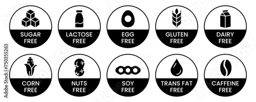 Set allergen free icons. Allergen free products. Products warning symbols. Lactose free, gluten free, sugar free, corn free, egg free, trans fat free, soy free, nuts free, coffeine free sign.