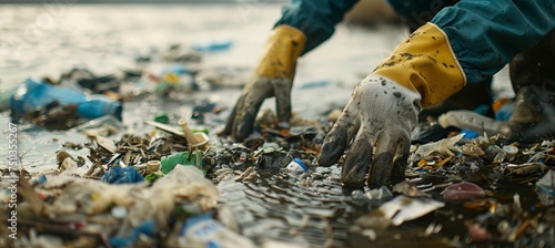 Worker hands collecting trash from the river. Generative AI technology.