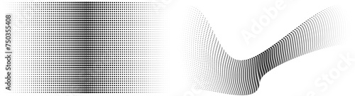 Flowing dot particles wave pattern halftone black gradient smooth curve shape isolated on transparent background. Vector in concept of technology, science, music, modern.