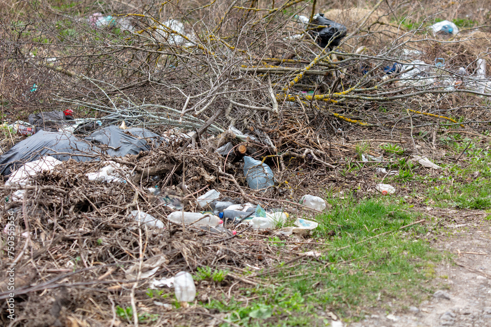 Obraz premium Rubbish lies on the ground in the park