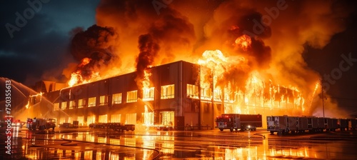 Burning warehouse retail building. Generative AI technology.