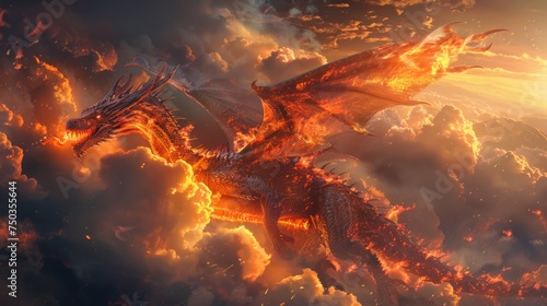 In the background, there are clouds and a dragon on fire.