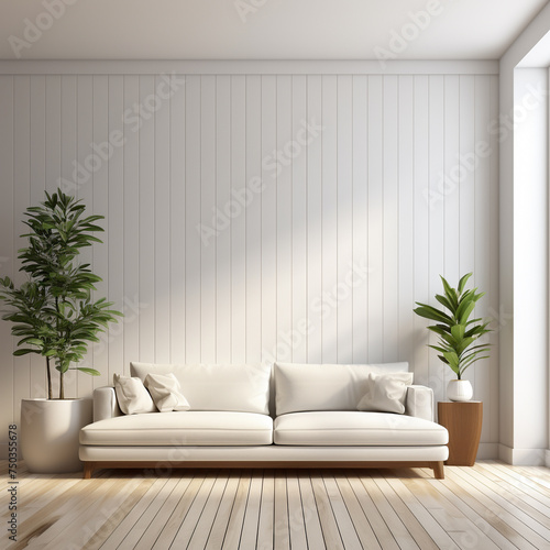 Modern white living room interior 3d rendering imageA blank wall with pure white Decorate wall with extrude horizon line pattern and hidden warm lightar 169 photo