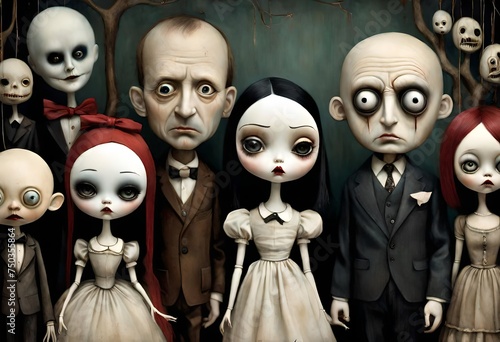 a 3d style illustration of a haunted family of scary puppets, evil, weird, macabre. All have blank expressions on their faces. Drab looking background. photo