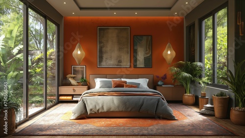 Modern Bedroom Interior with Forest View and Vibrant Orange Accents