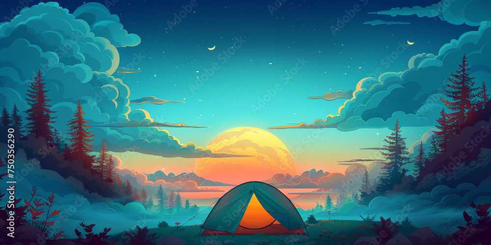 a tent on under a full moon in the night, Camping in the mountains under the starry night sky with full moon