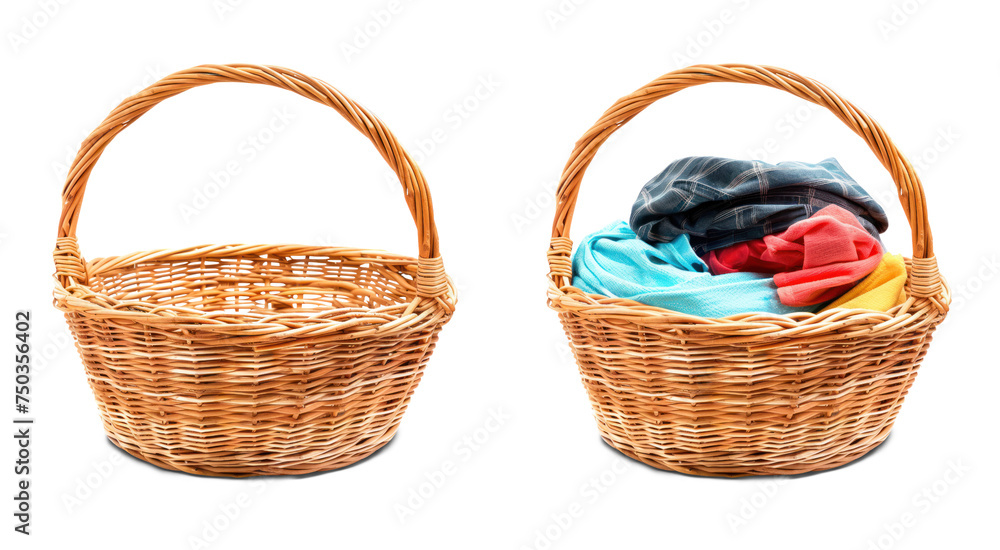 Woven Laundry Basket with Full clean clothes and Empty woven basket isolated on transparent background