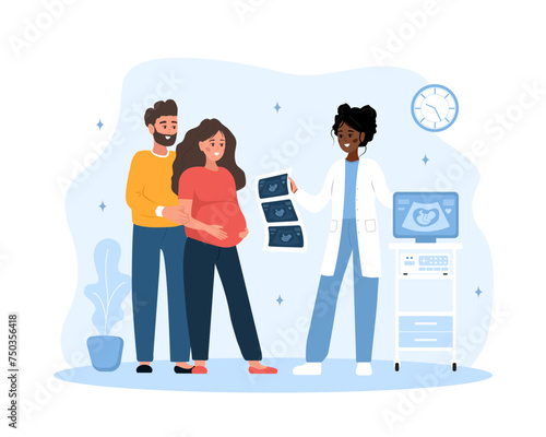 Ultrasound pregnancy screening concept. Female doctor gives results of ultrasound examination. Family expecting for baby. Future parents in clinic. Vector illustration in flat cartoon style.