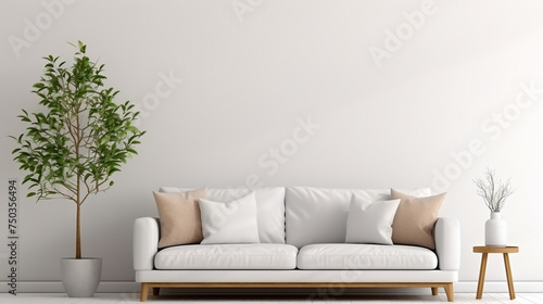 Blank picture frame mockup on white wall White living room design View of modern scandinavian style interior with sofa Home staging and minimalism concept Bright color ultra realistic