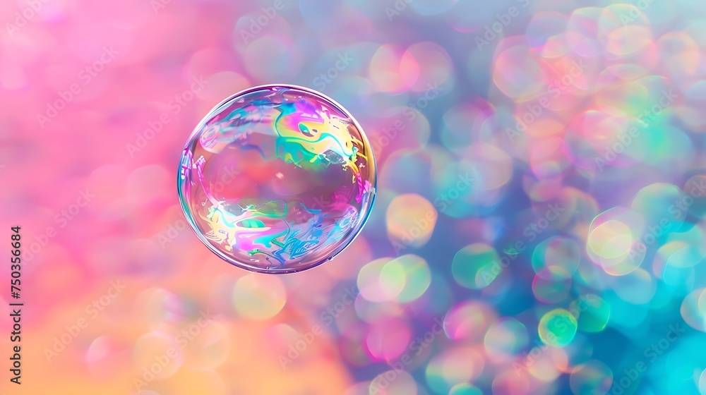 A mesmerizing iridescent soap bubble floating in mid air reflecting vibrant colors against a multicolored background A mesmerizing iridescent soap bubble floating in mid air reflecting vibrant colors against a multicolored background