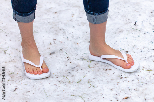 Photography Girl's bare legs in the snow in winter
