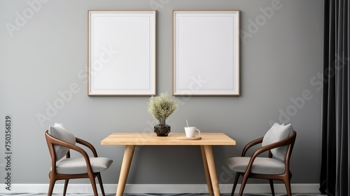 Grey eating room interior with decoration and dining table mockup frame