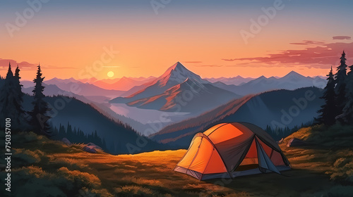 Camping at sunset, view of camping tent in summer evening © Derby
