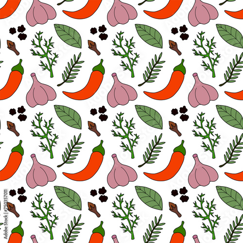 Seamless pattern with chili, bay leaf, dill, black pepper, garlic, rosemary, clove. Spices, condiments and herbs background. Kitchen wallpaper. Vector flat illustration.