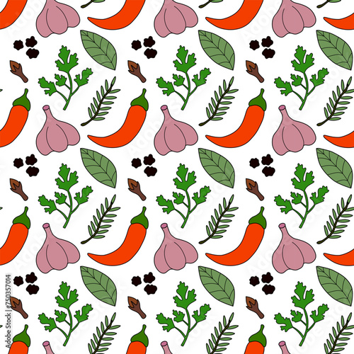 Seamless pattern with chili, bay leaf, parsley, black pepper, garlic, rosemary, clove. Spices, condiments and herbs background. Kitchen wallpaper. Vector flat illustration.