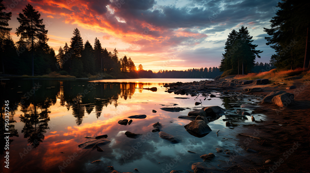 Obraz premium A serene lake at sunrise, surrounded by lush greenery, with the sky ablaze in hues of orange and pink, reflecting in the still waters below