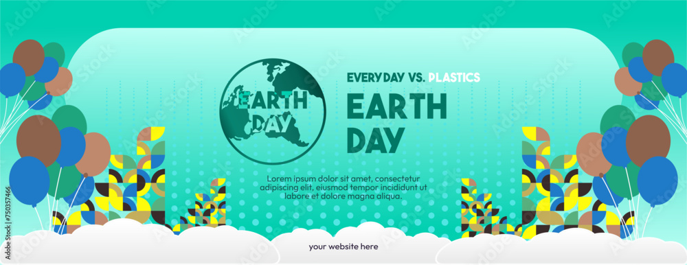 Earth day horizontal banner. Modern geometric abstract background in environmental colors for Earth Day. Happy Earth Day vector illustration for awareness together for stop using plastic