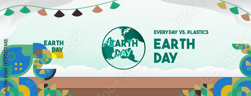 Earth day horizontal banner. Modern geometric abstract background in environmental colors for Earth Day. Happy Earth Day vector illustration for awareness together for stop using plastic