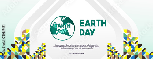 Earth day horizontal banner. Modern geometric abstract background in environmental colors for Earth Day. Happy Earth Day vector illustration for awareness together for stop using plastic