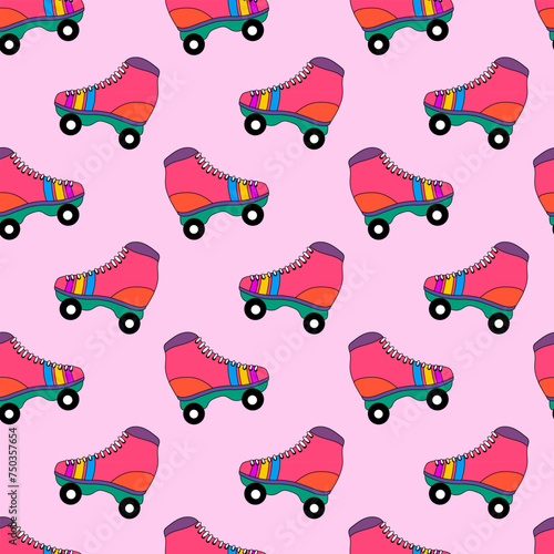 Seamless pattern with cute colorful retro roller skates. Vintage style 90s, 80s, 70s background. Vector flat illustration.