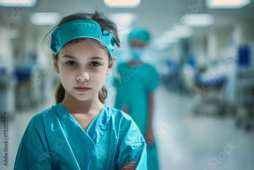 portrait of a kid doctor and nurse, portrait of kid doctor, Kids wearing a doctor and nurse medical gown in a Hospital Background