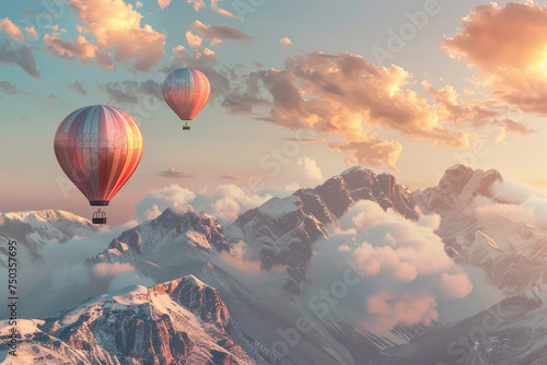 Two hot air balloons flying over mountains