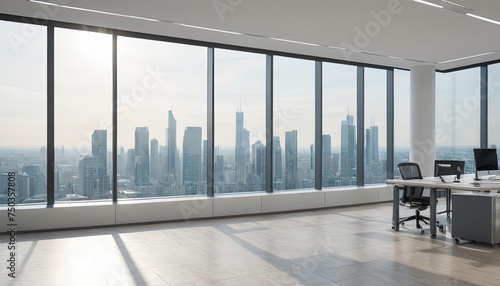 Modern office space located in a towering building, views of the urban landscape. Spacious office, high above city with panoramic windows revealing expansive cityscape.