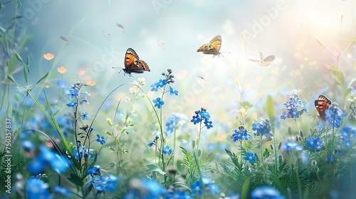 Beautiful summer or spring meadow with blue flowers of forget-me-nots and two flying butterflies