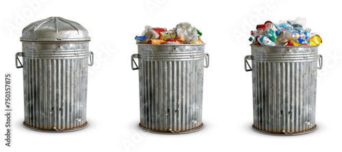 Garbage Bin Set Empty and Full of garbage isolated on Transparent Background. Clipart Empty & Full Trash Can