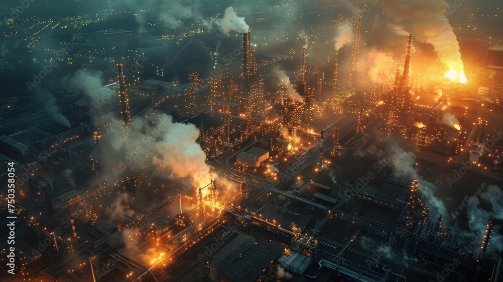 An aerial photograph of a large industrial factory that emits toxic fumes.