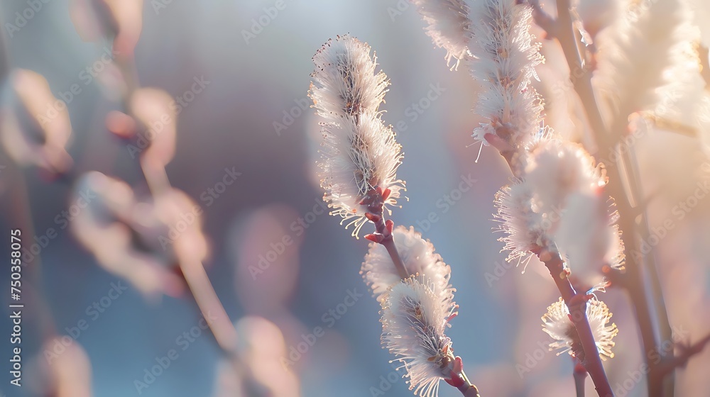 Blooming fluffy willow branches in spring close-up on nature macro - obrazy, fototapety, plakaty 