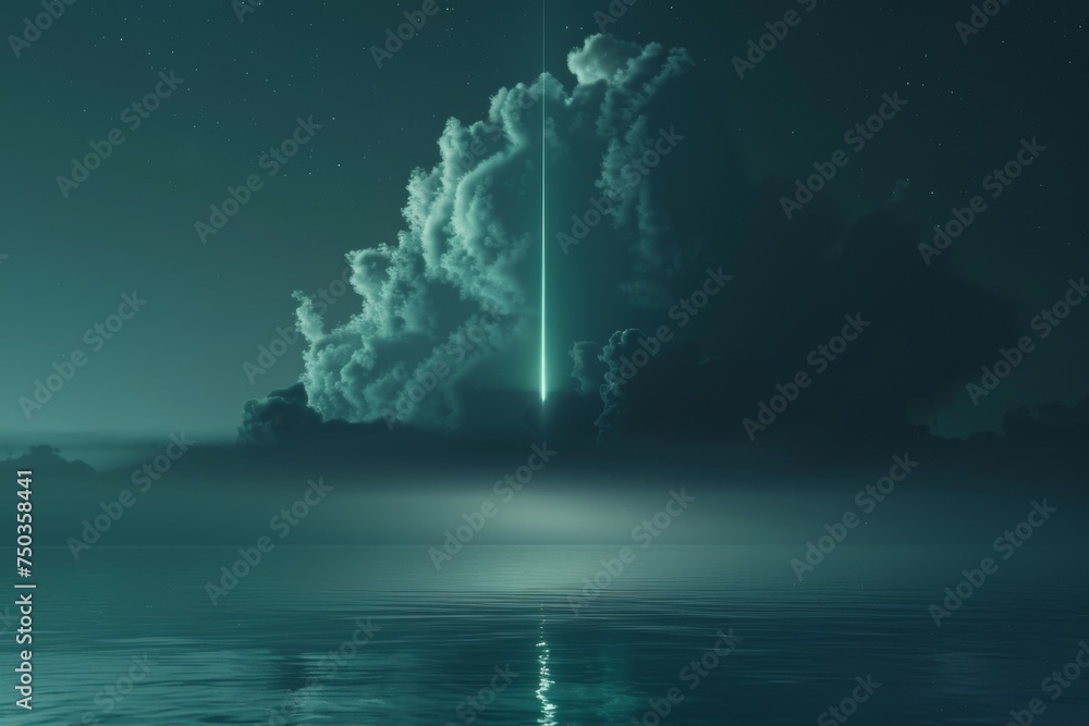 Dark Pastel Colored Scene Sloud Centered in Sky over a Calm Sea during First Light with Laser Streaks like Aurora Emanating from the Sky above Sky Wallpaper created with Generative AI Technology