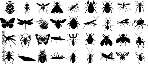 Insect silhouette collection, diverse bug species. Educational visual resource, insect vector set. Perfect for nature projects, entomology studies, and biodiversity awareness campaigns © Arafat