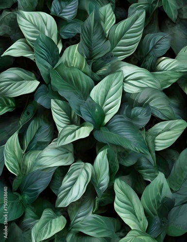 leaves of Spathiphyllum cannifolium, abstract green texture, nature background, tropical leaf Generative AI