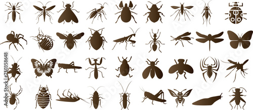 Insect silhouette collection, insects vector illustration. Perfect for entomology, nature projects, educational content. Showcasing diverse insect, bug species