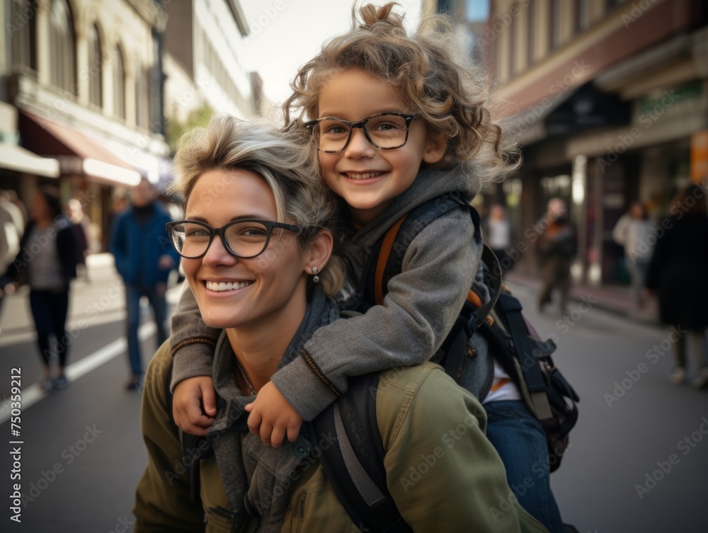 Cheerful woman giving her son a piggyback ride down a vibrant city street, both wearing glasses and smiling