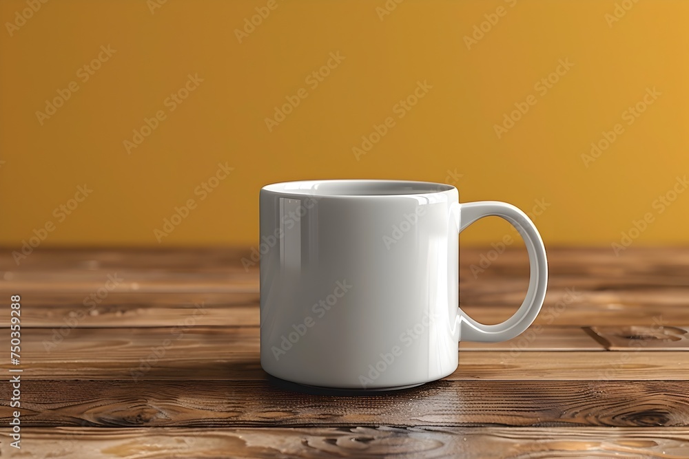 White Coffee Mug on Wooden Table with Yellow Background White Coffee Mug on Wooden Table with Yellow Background