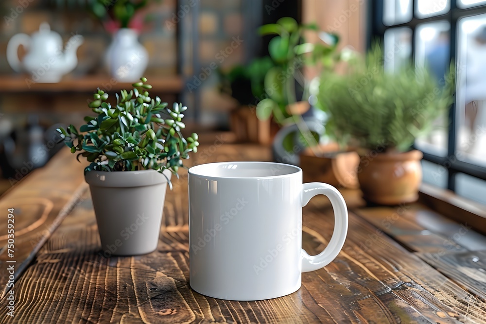 White Mug on Wooden Table with Potted Plants White Mug on Wooden Table with Potted Plants