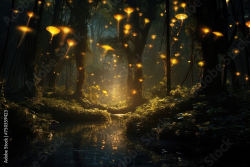 Fireflies illuminate a forest at dusk.Abstract and magical image of Firefly and butterfly flying in the night forest AI generated