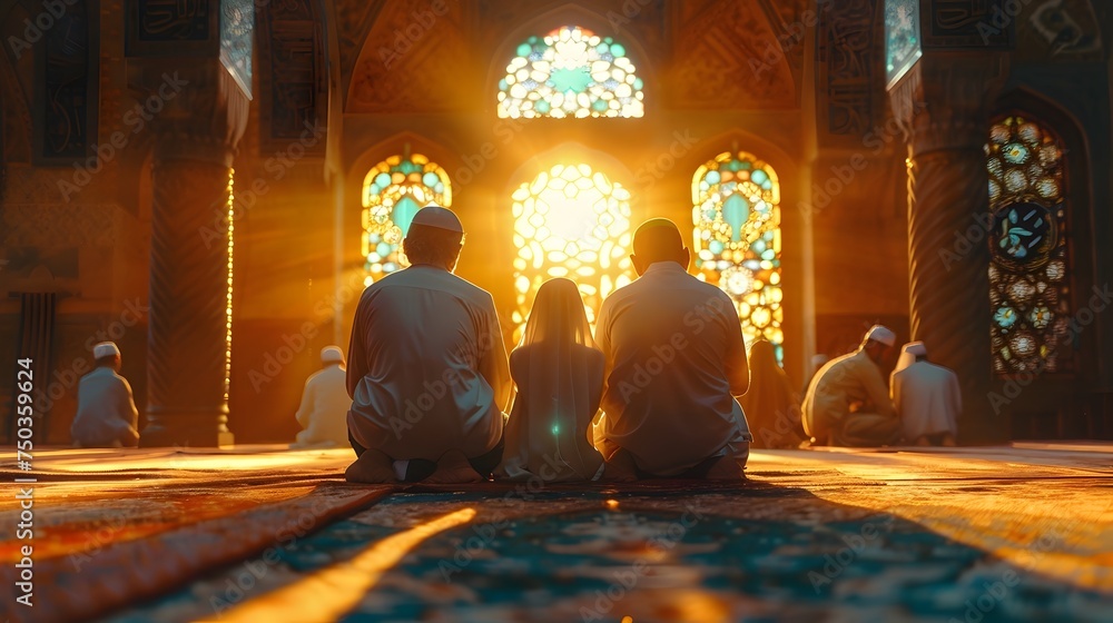 People Praying at Sunset in a Mosque