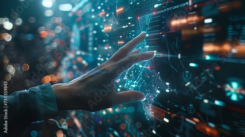 A close-up shot captures the subtle interaction between human and technology, as fingertips gracefully navigate a touchscreen, bridging the gap between the digital and physical realms.  photo