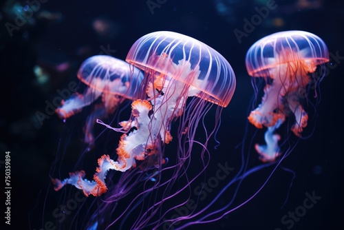 Beautiful jellyfish in the aquarium, Beautiful jellyfish, medusa in the neon light with the fishes. Aquarium with blue jellyfish and lots of fish,Ai generated