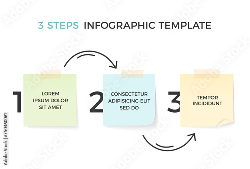 Infographic template with three steps with paper notes and hand drawn arrows, vector eps10 illustration