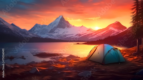 Camping at sunset, view of camping tent in summer evening