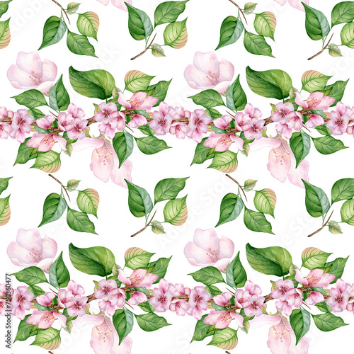 Watercolor branch of cherry tree with pink flowers seamless pattern isolated on white. Blossom fruit tree branch hand drawn. Design element for packaging, cosmetic, backdrop, wallpaper, textile