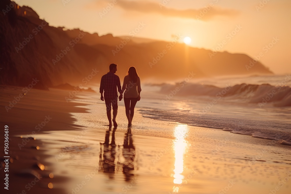Couple Walking Hand in Hand on Beach at Sunset Couple Walking Hand in Hand on Beach at Sunset