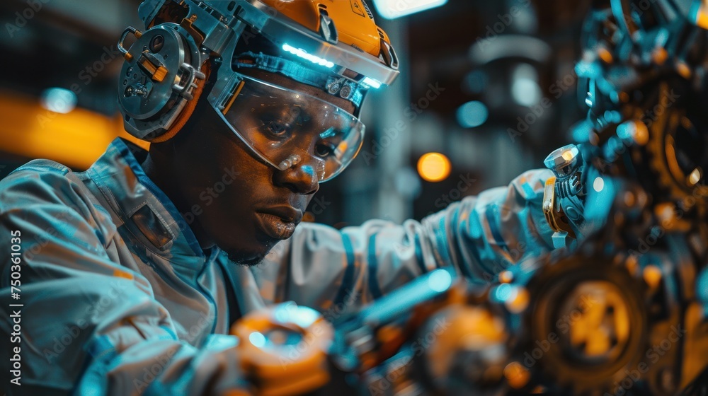 Fototapeta premium An African American engineer tests a futuristic bionic exoskeleton and picks up metal objects in a heavy steel factory