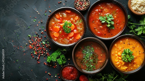 Homemade vegetarian soups and ingredients for cooking. In a bowl. Healthy food concept. Advertising photo