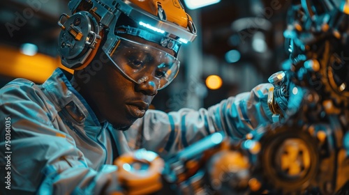 An African American engineer tests a futuristic bionic exoskeleton and picks up metal objects in a heavy steel factory